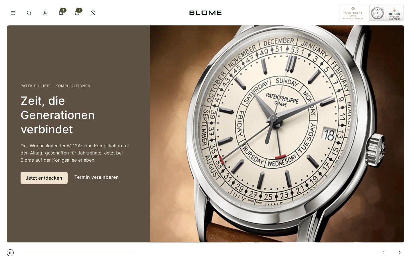 Home del prototipo su schermo grande: apertura a scorrimento con un Patek Philippe, badge di concessionario Rolex e Patek in alto a destra