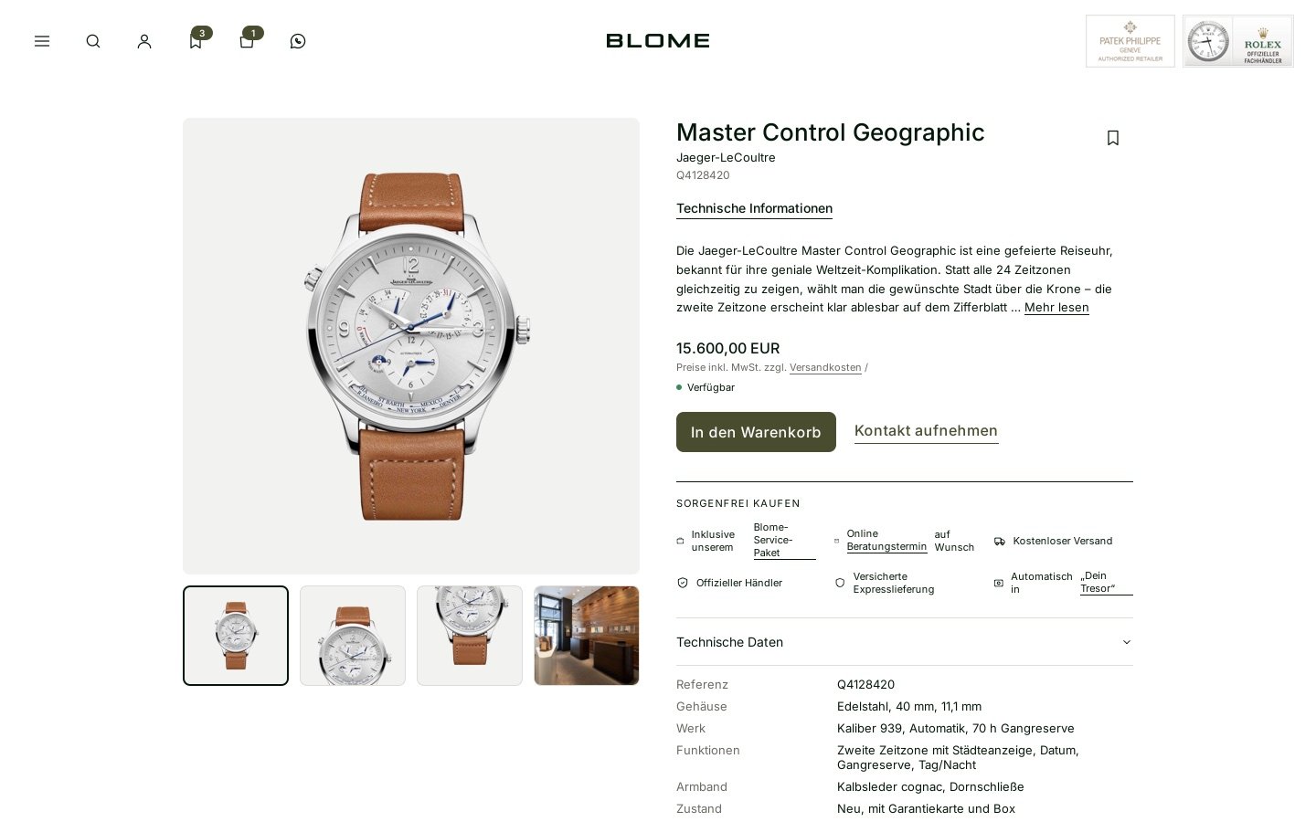 Scheda di un Jaeger-LeCoultre Master Control Geographic con galleria, prezzo e dati tecnici a fisarmonica
