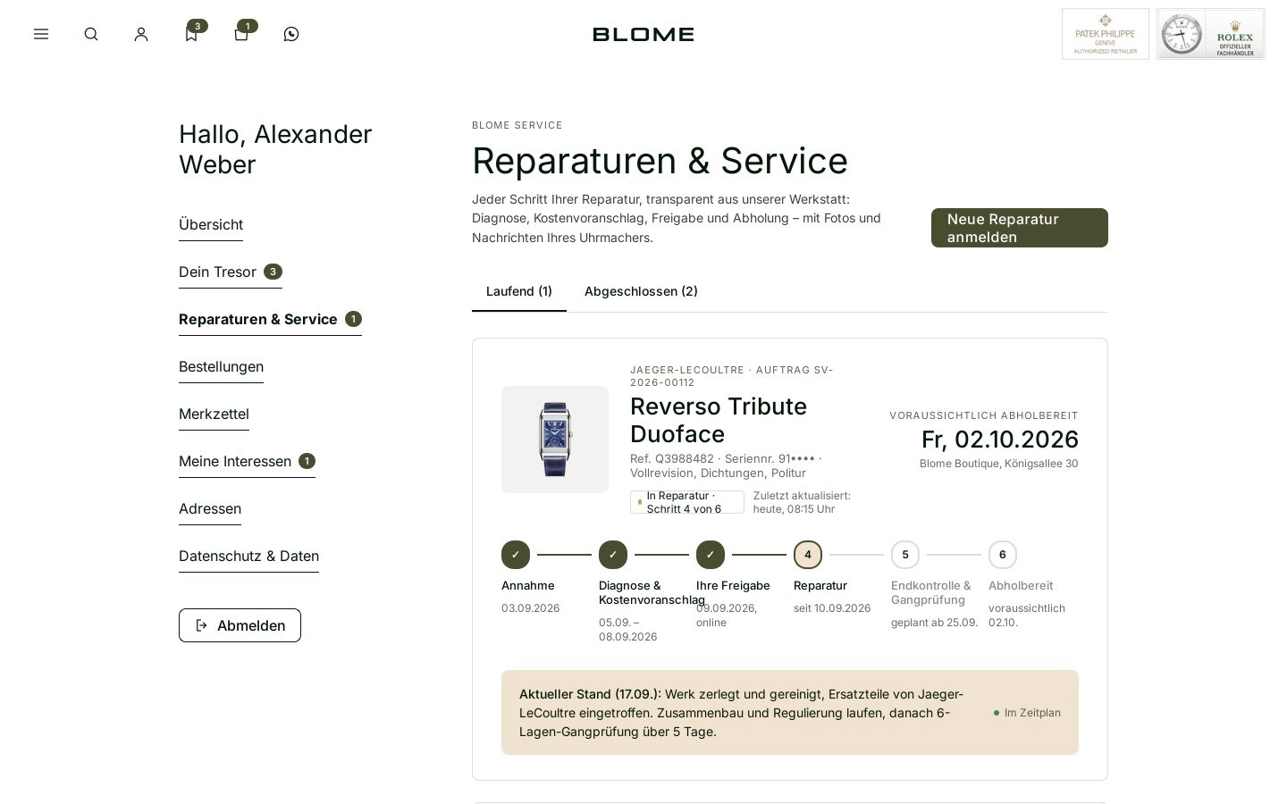 Reparaturen & Service: ogni passaggio della riparazione in corso, dalla diagnosi al ritiro, con i messaggi dell'orologiaio