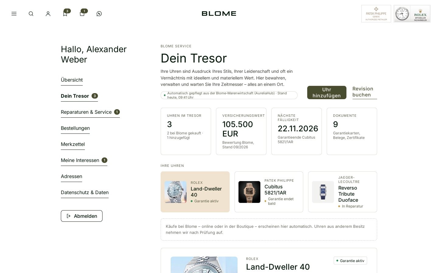 Dein Tresor: gli orologi del cliente con valore assicurato, prossima scadenza di garanzia, documenti e stato di ciascun pezzo