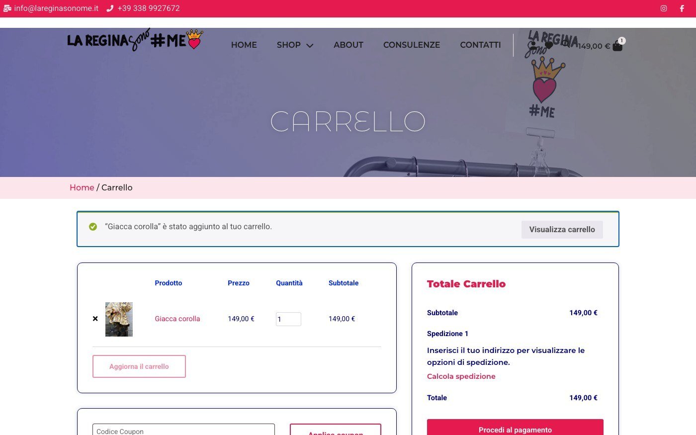 Carrello con quantità modificabili, campo per il coupon e costo di spedizione