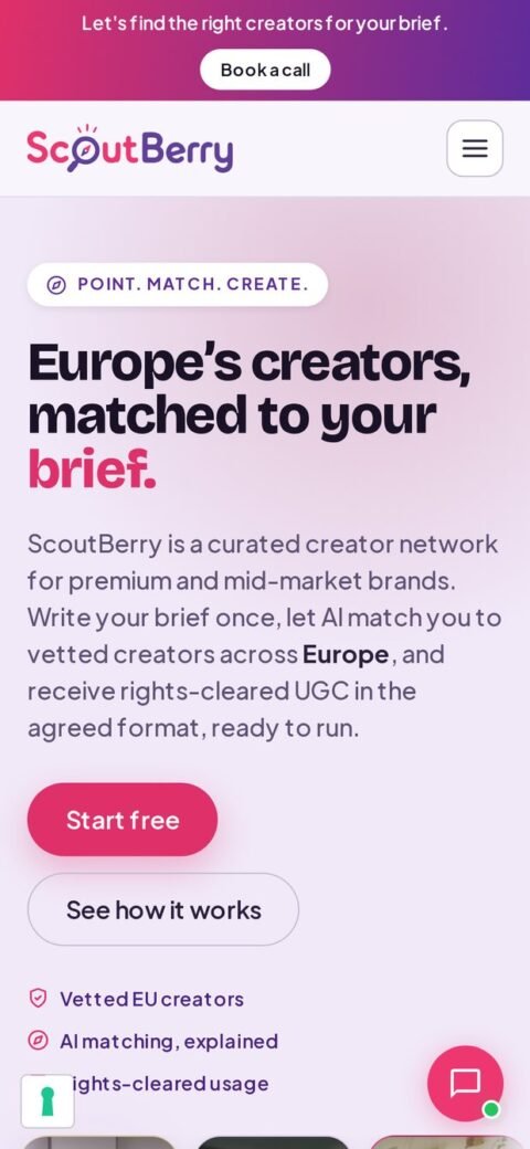 Home di ScoutBerry da telefono, con i percorsi per brand e creator distinti