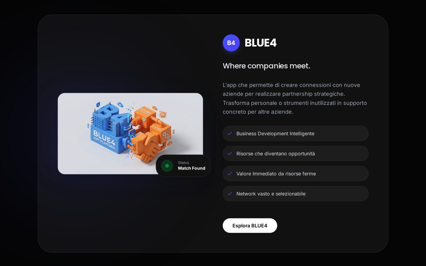 Sezione dedicata a BLUE4, la piattaforma di networking B2B, con l'app mostrata in uso