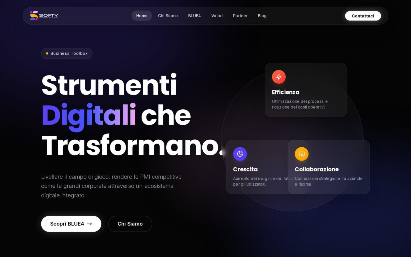 Home di Softy: interfaccia scura da prodotto software, tre servizi spiegati in parole concrete e numeri di sintesi