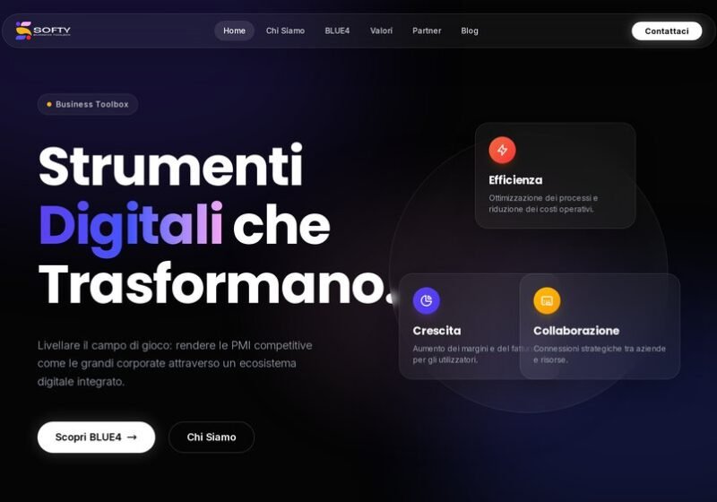 Home di Softy su fondo scuro, con i tre servizi in evidenza