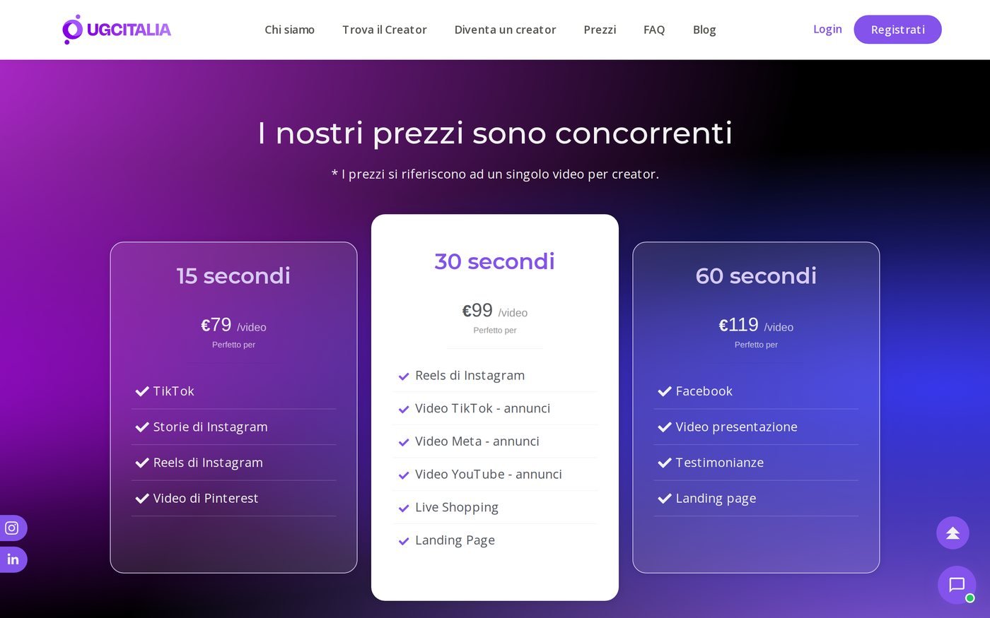 I quattro passaggi del servizio: crea l'ordine, ricevi le candidature, chatta con i creator, ricevi il video