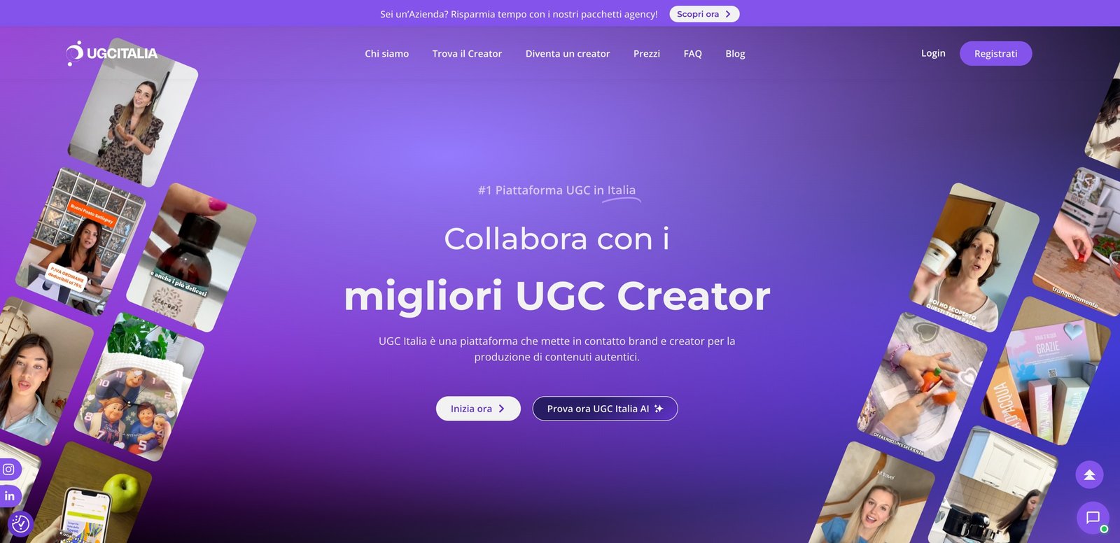 Home di UGC Italia: doppia chiamata all'azione, loghi dei brand come prova sociale e prezzo d'ingresso esplicito