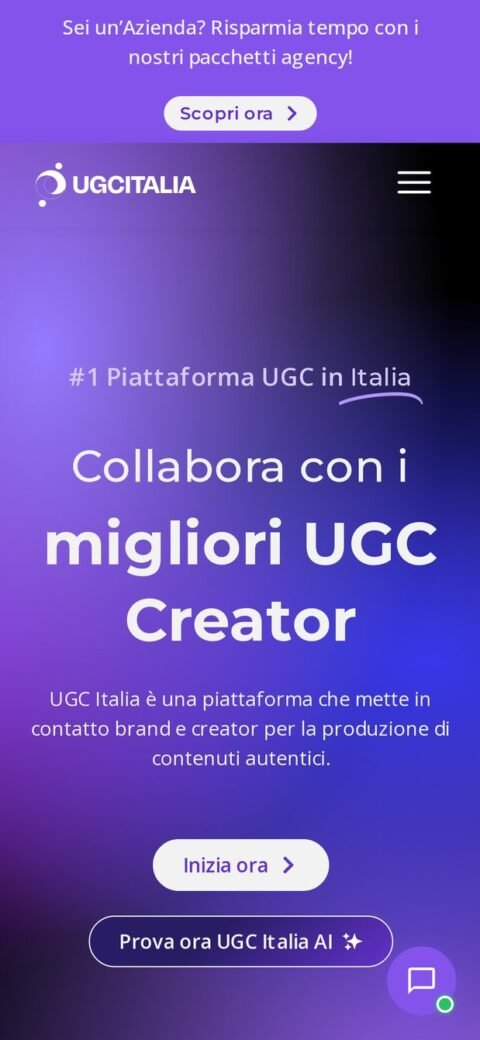 Home di UGC Italia da telefono, con i quattro passaggi del servizio in colonna